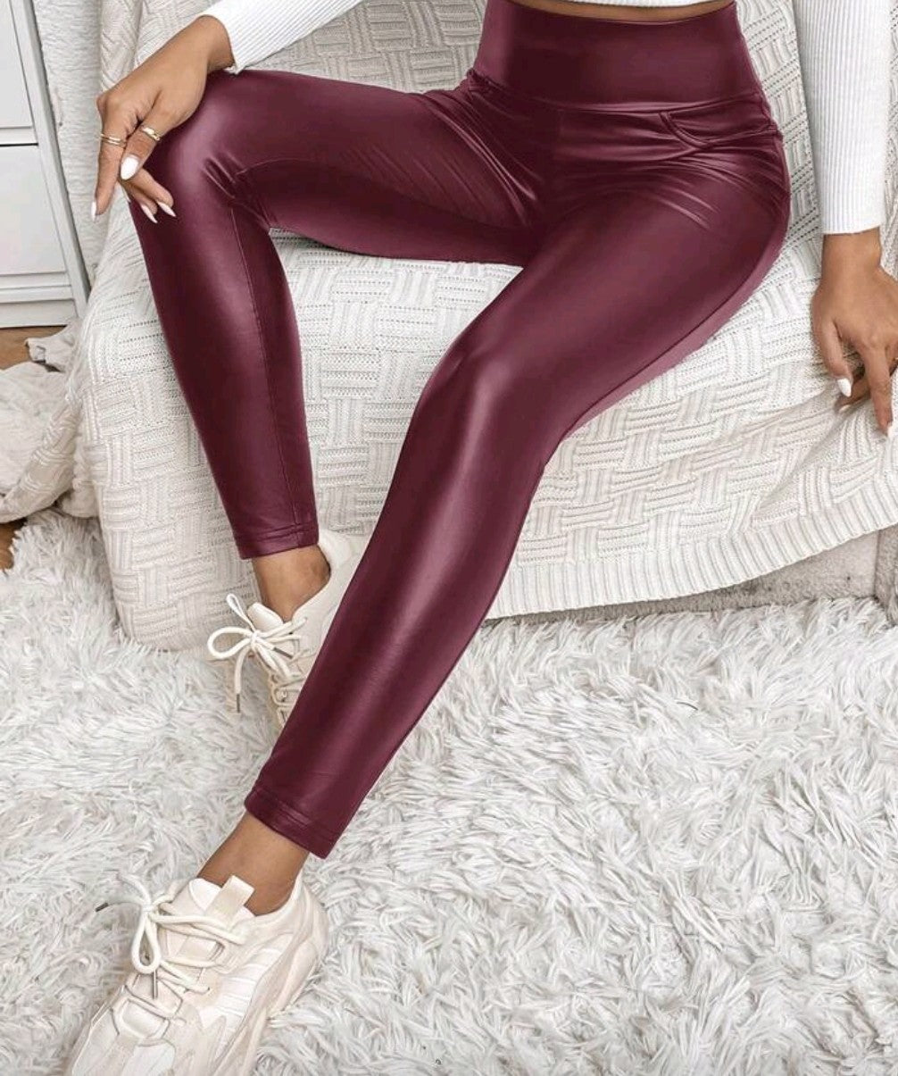 Burgundy leather look leggings